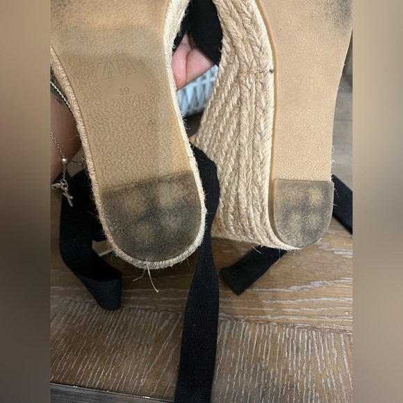 Zara Espadrille Wedge Sandals Black Tan Ankle Tie Wrap Platform Heels Size 8.5 - Picture 16 of 16